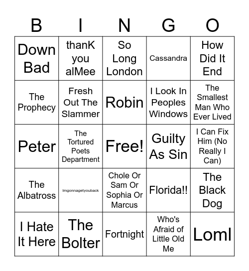 The Tortured Poets Department Bingo Card