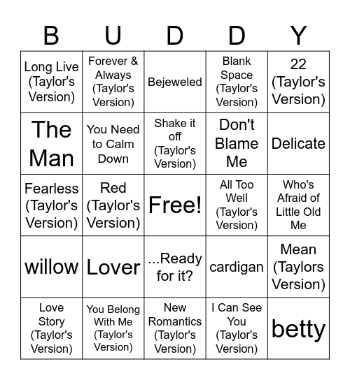 Taylor Swift Music BINGO Card