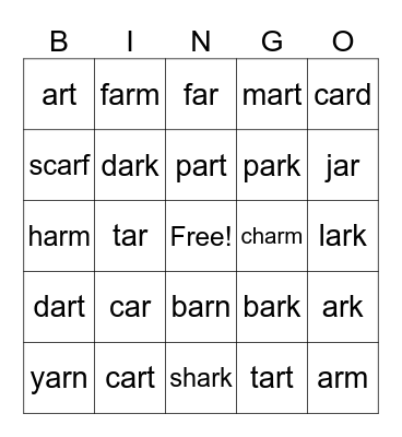 ar Words Bingo Card