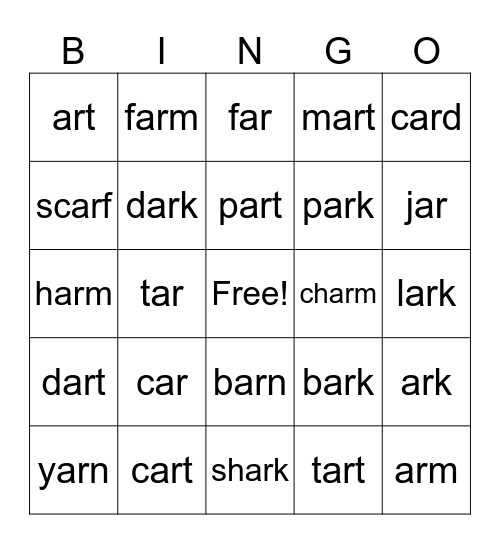 ar Words Bingo Card