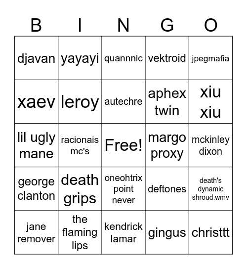 yethilles' music taste Bingo Card