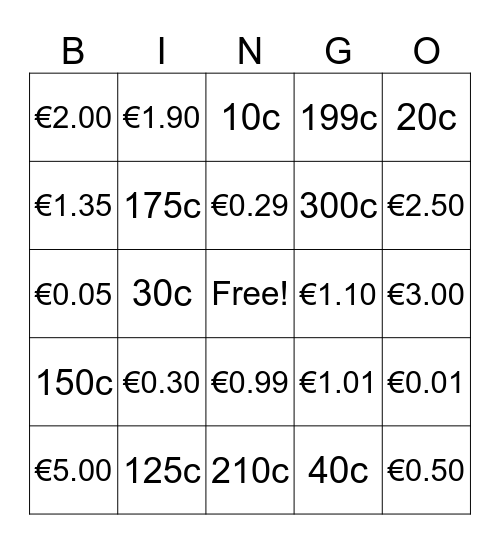 Money Bingo Card