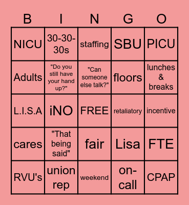 NICU Meeting Bingo Card