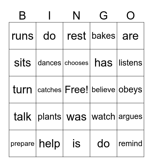 Subject Verb Agreement Bingo Card