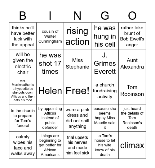 To Kill a Mockingbird Chp. 22-24 Bingo Card