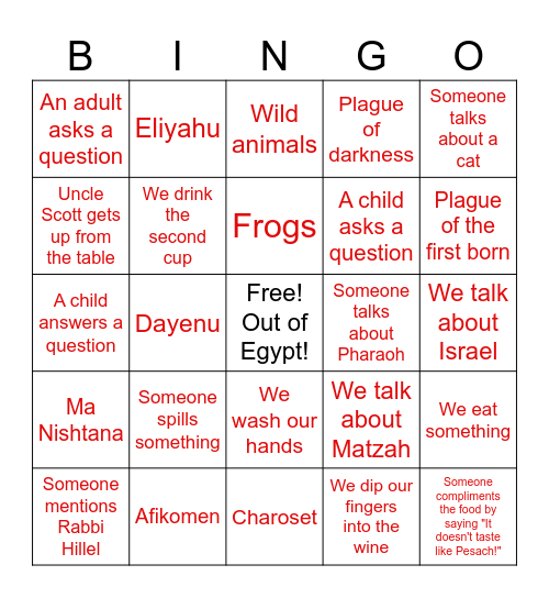 Pesach Seder Bingo! Bingo Card