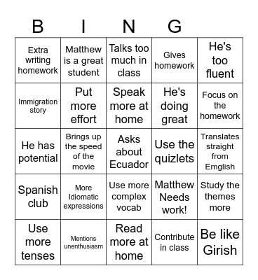 Miss fela Bingo Card