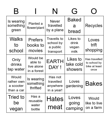 Earth day bingo - find someone who Bingo Card