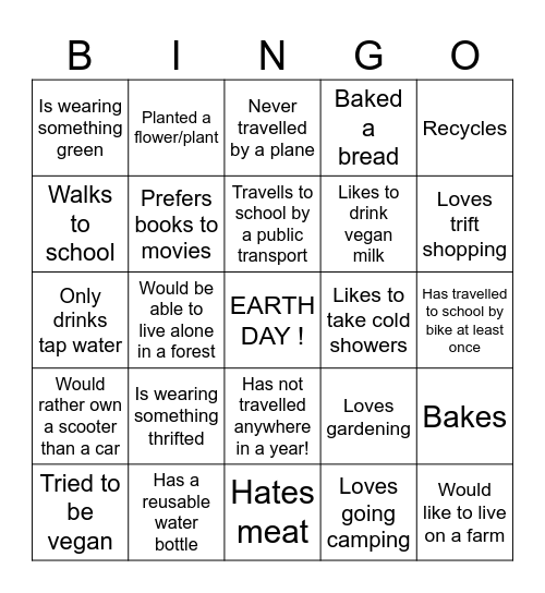 Earth day bingo - find someone who Bingo Card