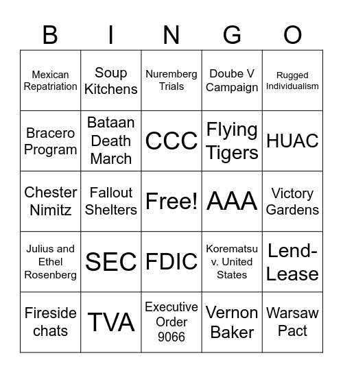 U.S. History STAAR Review part 2 Bingo Card