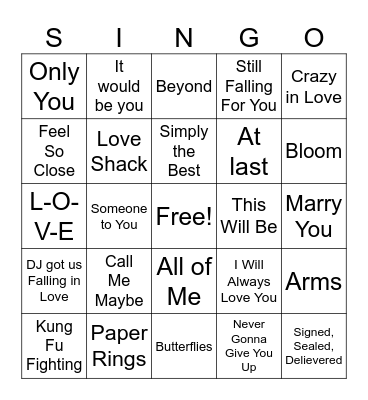 Love Song Singo Bingo Card