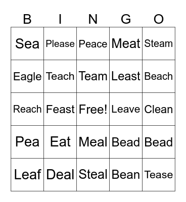 "EA" Digraph Bingo Card