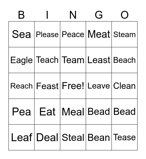 "EA" Digraph Bingo Card