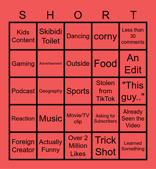 YouTube Shorts Bingo Card