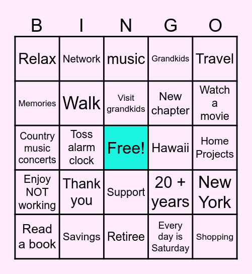 Retirement Bingo Card