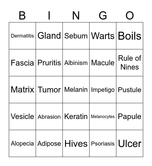 INTEGUMENTARY System Bingo Card