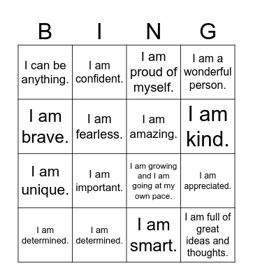 Bingo Self Love Affirmations Bingo Card