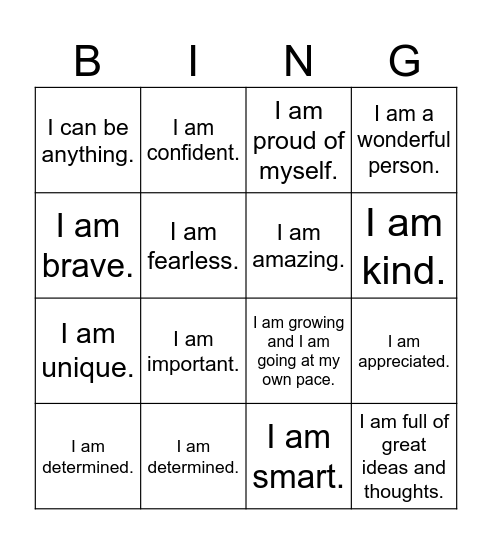 Bingo Self Love Affirmations Bingo Card