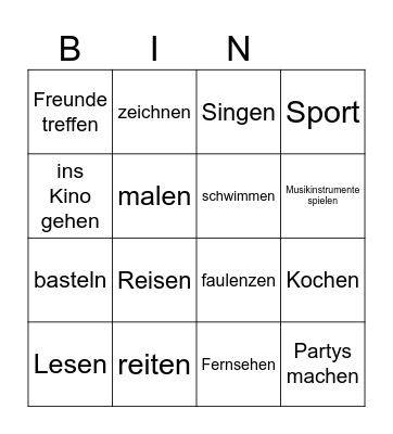 Aktivitäten Bingo Card