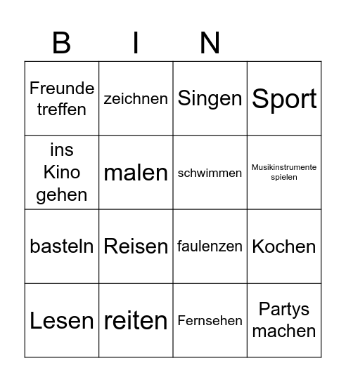 Aktivitäten Bingo Card