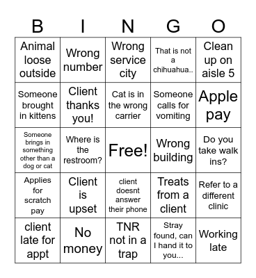 Vet Reception Bingo Card