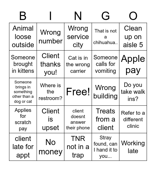 Vet Reception Bingo Card