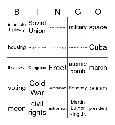 Cold War and Civil Rights Bingo Card