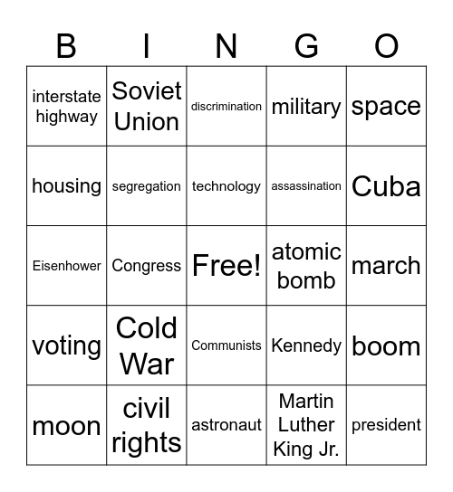 Cold War and Civil Rights Bingo Card