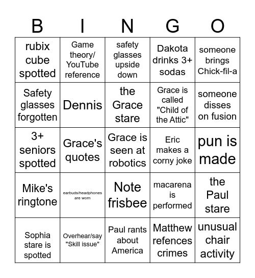 NASA Knights Bingo Card