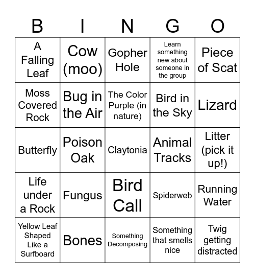 Creek Hike Bingo Card