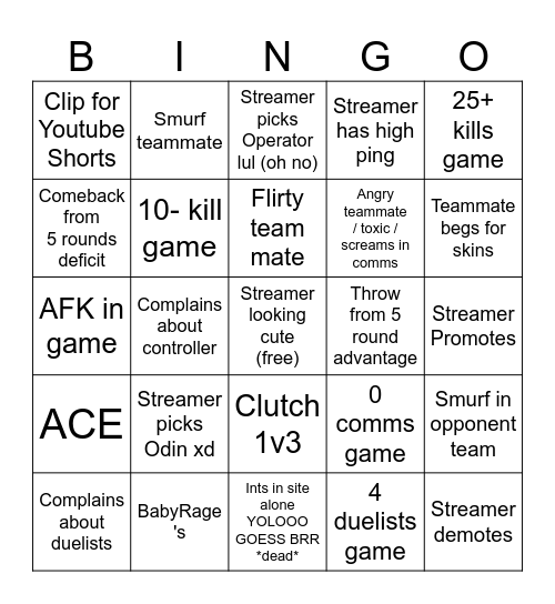 Edna's stream bingo card Bingo Card