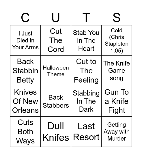 like A Knife Bingo Card