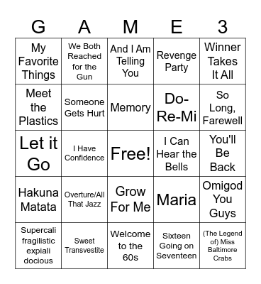 Broadway to Big Screen and Back Bingo Card