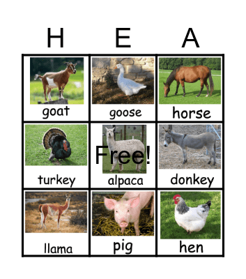 Farm Animal Sounds Bingo Card