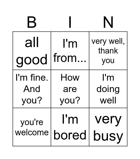 Inglés.com Vocab Bingo Card