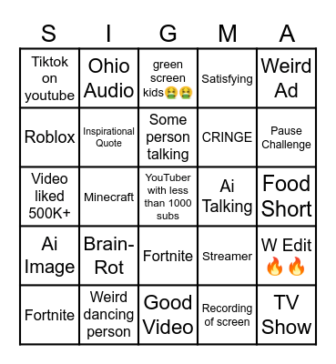 Youtube Shorts Bingo Card