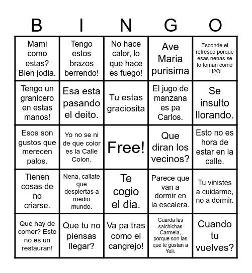 Frases que decia Mami Bingo Card