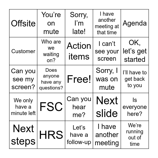 FSC Meeting Bingo Card