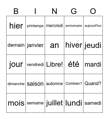 Francais:  Calendrier Bingo Card