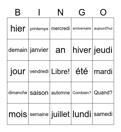 Francais:  Calendrier Bingo Card