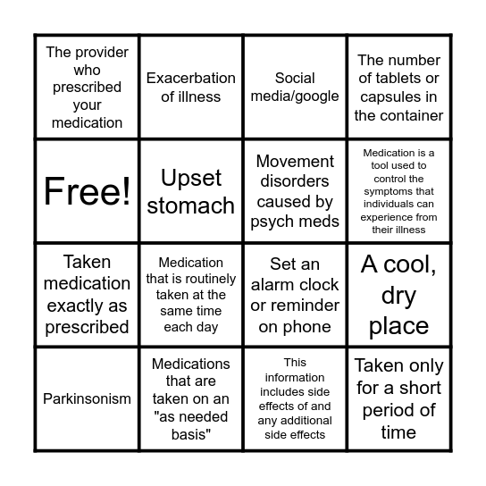 Medication Bingo Card