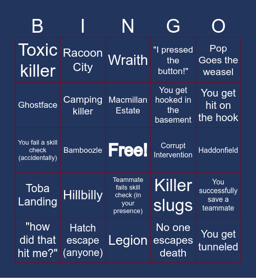 Dead by Daylight Bingo Card