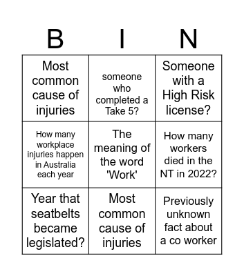Work Safety Day Bingo Card