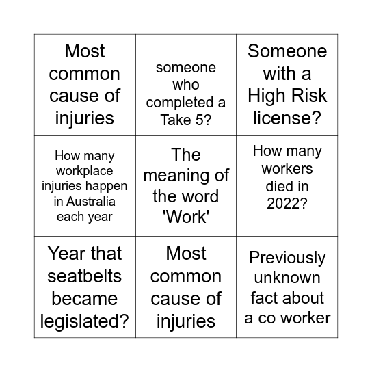 Work Safety Day Bingo Card