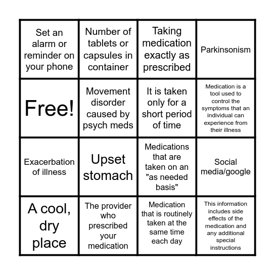 Medication Bingo Card