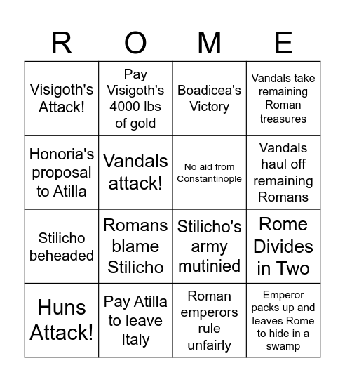 Fall of Rome Bingo Card