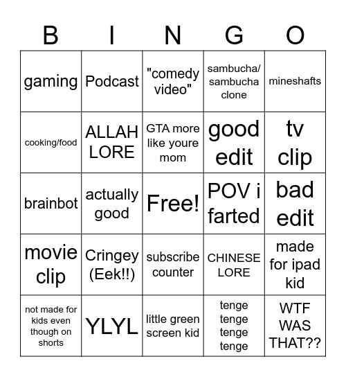 YOUTUBE SHORTS Bingo Card