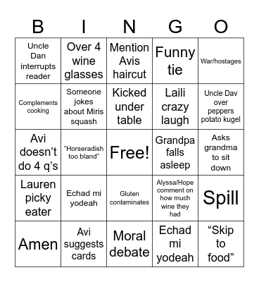 Seder 2024 Bingo Card