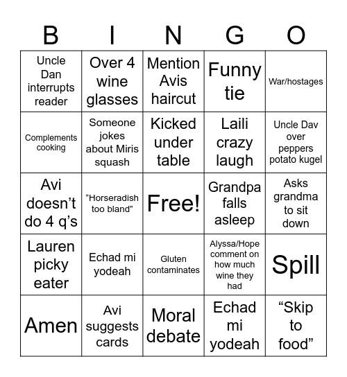 Seder 2024 Bingo Card