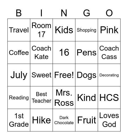 Mrs. Ross Bingo Card